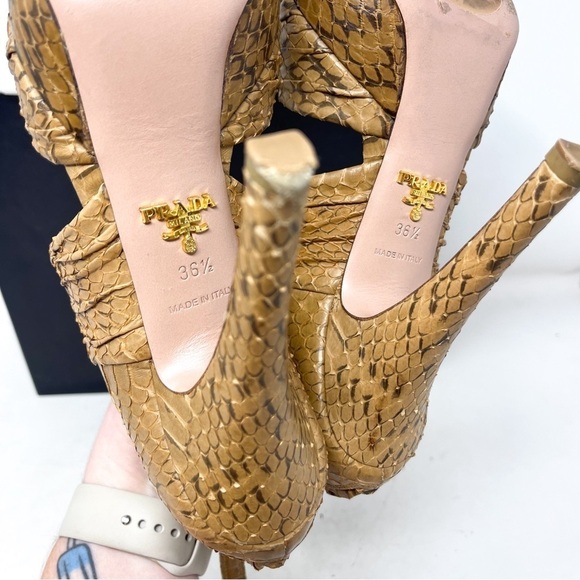 Prada Genuine Leather Tan Opaca Cammello Snake Skin Sandal High Heel Size 36.5 - Picture 8 of 9